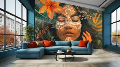 Woman with intricate face paint surrounded by nature and floating coffee beans Wall mural