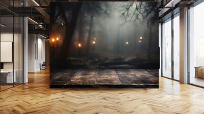 Wooden table on the background of the evening foggy park Wall mural