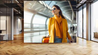 Young beautiful woman at the airport with a suitcase Wall mural