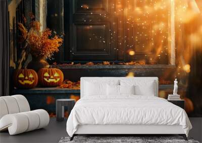 Halloween scene in front of the front door, autumn scene in the city Wall mural