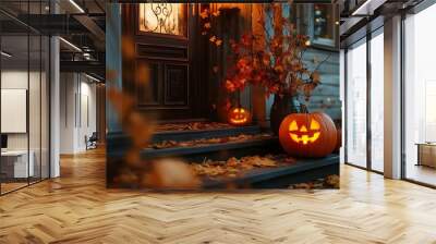 Halloween scene in front of the front door, autumn scene in the city Wall mural