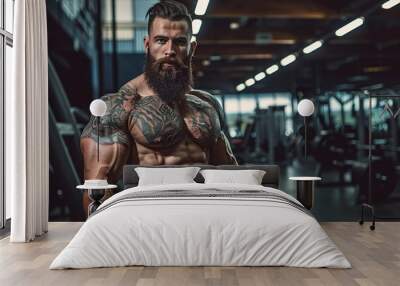 Young muscular bearded man posing in the gym center Wall mural