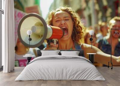 Young woman screaming in megaphone during protest with demonstrators Wall mural