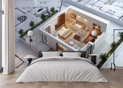 3D model of a beautiful modern house standing on the architect's drawing, interior design concept and houses Wall mural