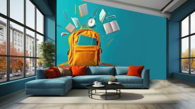 3D Render yellow school backpack leading books pencils and alarm clock on blue background, banner with space for your text Wall mural