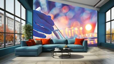 Chemical laboratory in beautiful neon lighting in blue-yellow colours, close-up of doctor taking glass tubes and flasks, panorama for your site medecina Wall mural