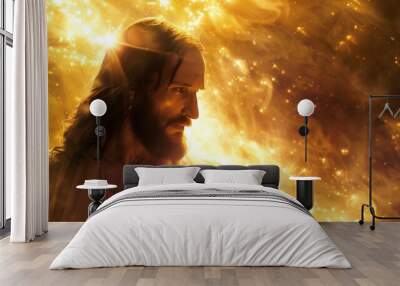 Jesus Christ in rays of energy, divine power is manifested through light waves the power of god Wall mural