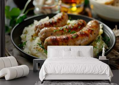 Mashed potatoes with grilled sausages with greens and a glass of beer Wall mural