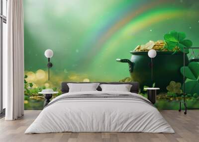 Pot of gold leprechaun, St Patrick's Day holiday concept with rainbow in the background and clover Wall mural