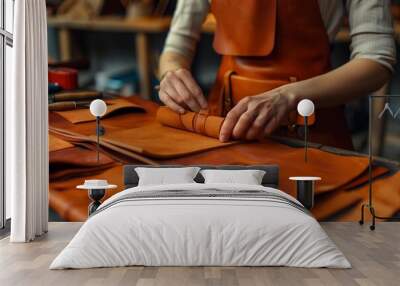 The craftsman makes leather goods on a special table Wall mural