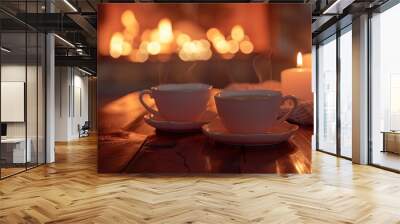 two cups of tea hot candles in front of a fireplace with a fire in the background, the concept of ho Wall mural