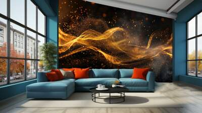 Waves of gold sand and gold particles on a black background Wall mural