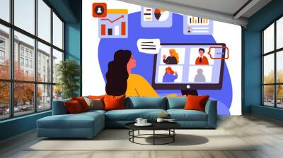 Business Online Conference.Work,Virtual Webinar.Stay Home.Colleagues,Telework Freelancer Connection.Remote Workplace.Distance Chat Correspondence.Internet Discussion,Isolation.Flat Vector Illustration Wall mural