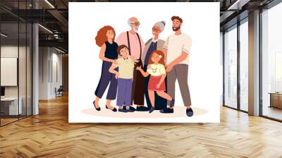 Family support,love,help concept.Happy senior parents,adult daughter and son,kids,grandchildren portrait.Harmony in healthy bonding relationships.Flat vector illustration isolated on white background Wall mural