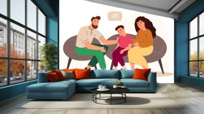 Parents Support and help their Child,Boy,Father and Mother Comforting Upset Kid.Sad Son with Anxious Emotion,Dull Face Sit on Sofa with Mom and Dad Family Characters.Cartoon People Vector Illustration Wall mural