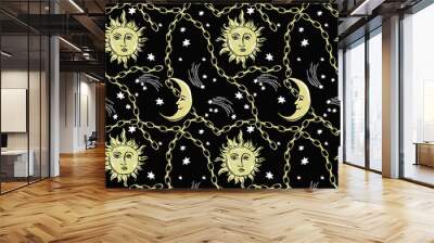 pattern with sun and moon on night sky with gold chains. Wall mural