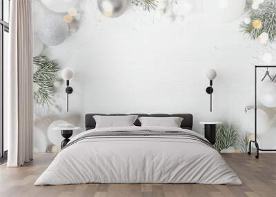 White Christmas background with spruce frosty brunches and Christmas lights Wall mural