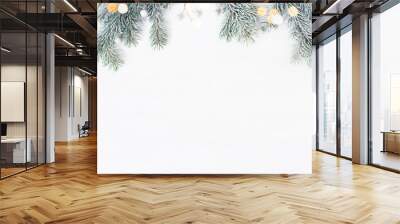 White wooden background decorated wit h frosty fir branches and lights, Christmas of New Year holiday frame Wall mural