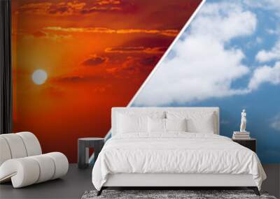 Blue nature sky background and clouds. Collage.Wide photo. Wall mural