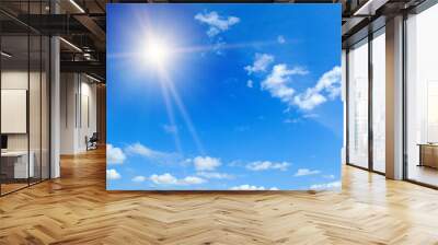 blue sky with white clouds and sun Wall mural