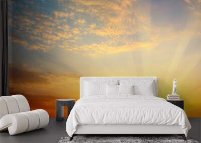 Cloudy sky and bright sun rise over the horizon. Wide photo . Wall mural