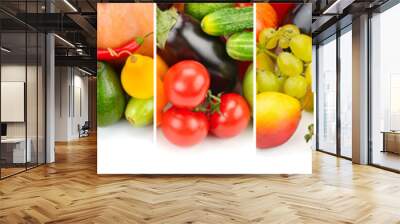 Collection fresh fruits and vegetables isolated on white background. Panoramic collage. Wide photo Wall mural