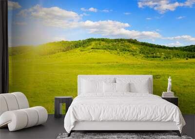 Hilly landscape, picturesque meadows and a bright sunrise. Wall mural