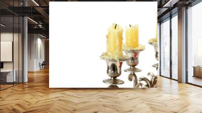 Old candlestick with candles isolated on white . Wide photo. Free space for text. Wall mural