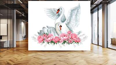 Watercolor composition of white swans and pink gorgeous peony flower bouquet Wall mural