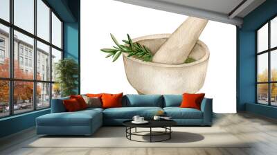 Watercolor illustration with a mortar for grinding spices Wall mural