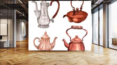 Watercolor vintage teapot set for tea party. Wall mural