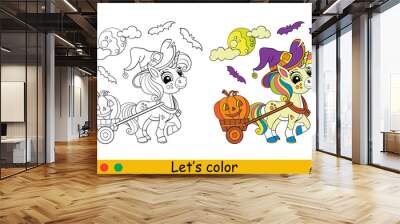 Halloween coloring cute unicorn and cart vector illustration Wall mural