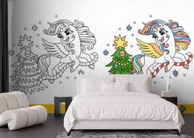 Kids coloring cute unicorn decorating Christmas tree vector Wall mural