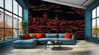 Red vector hand drawing Prague 8 Wall mural