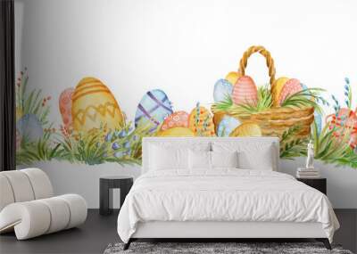 Seamless watercolor border with easter eggs and baskets Wall mural