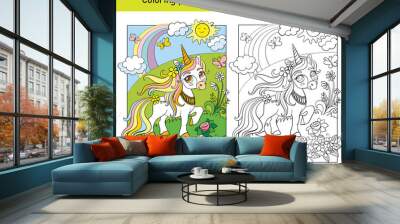 Unicorn walking on blooming meadow coloring book Wall mural