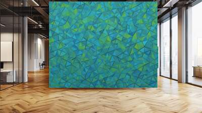 A vibrant, abstract pattern of interlocking triangles in shades of blue and green creating a dynamic and visually intriguing design. Wall mural