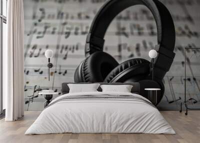 Headphones against the background of notes Wall mural