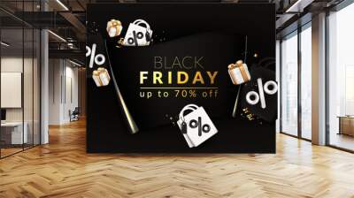 Black Friday concept. Card with paper banner, gift boxes, shopping bags, ribbons and confetti. Wall mural