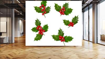 Set of Holly berries and leaves, isolated on white. Wall mural