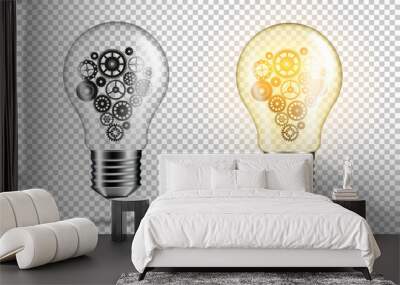 Set of transparent realistic light bulb with cogwheels, isolated.  Wall mural