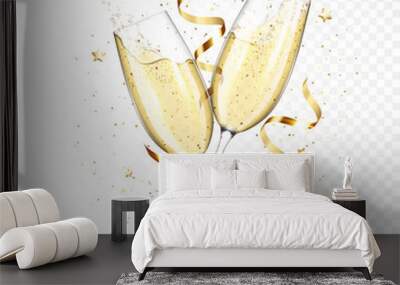 Transparent realistic two glasses of champagne with ribbons and confetti, isolated. Wall mural