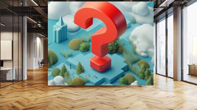 Abstract red question mark in a surreal landscape with clouds and trees.  Wall mural