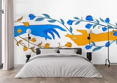 blue and yellow hands with branches around Wall mural