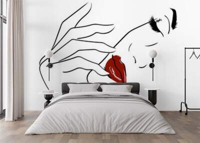 outline face with red lips and closed eyes Wall mural