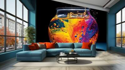 Colorful water splashing in a glass bowl on a black background Wall mural