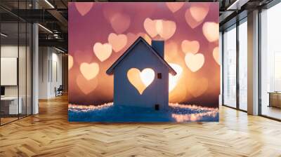 Miniature house with heart shape window on sunset background. Sweet home concept. Family warmth, love and protection Wall mural