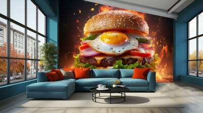 Grilled gourmet burger with cheese, tomato, and homemade sesame bun Wall mural