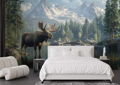 Bull elk reindeer standing in the Madison River in mountain tree forest National Park Wall mural