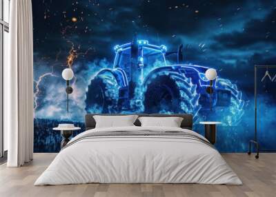 A blue tractor sits in a field under a stormy night sky Wall mural